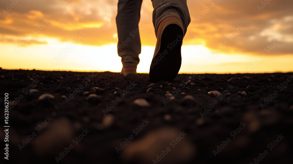 Fototapeta premium Silhouette of person walking on a rocky ground at sunset.