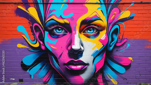 Abstract Face Mural on Brick Wall