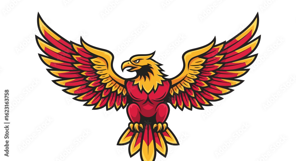 Fototapeta premium A powerful mythical phoenix bird mascot with spread wings, illustrated as a fiery red and gold emblem for a team logo.