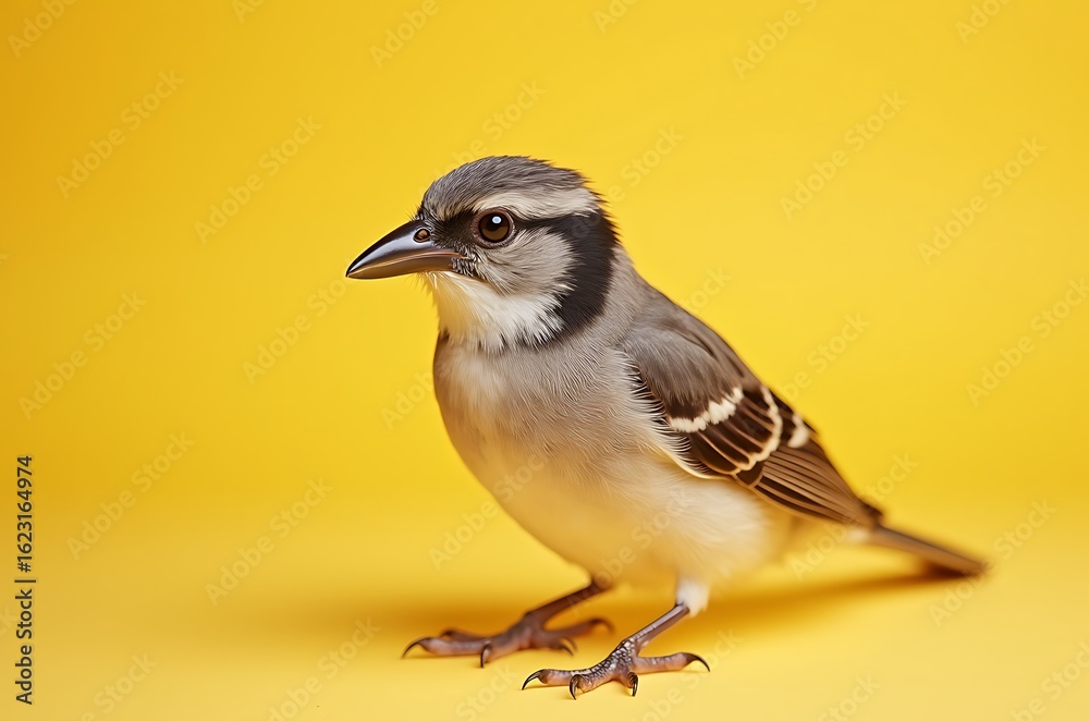 Obraz premium Tiny Elegant White Avian Profile on Yellow Background ai generated