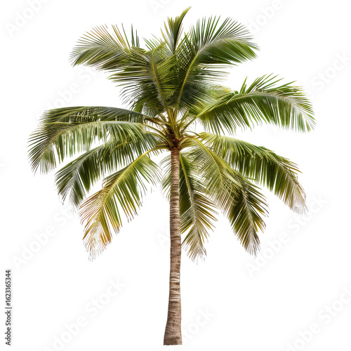 Isolated tropical palm tree. Lush green fronds radiate outwards from a tall  light brown trunk