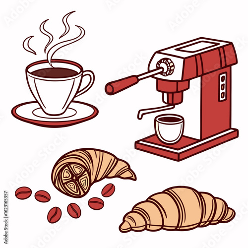 Coffee cup, croissant, and espresso machine isolated on white background