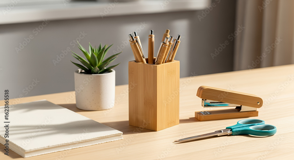 Obraz premium Minimalist notebook and pen on a clean desk with a potted plant in a bright, serene environment