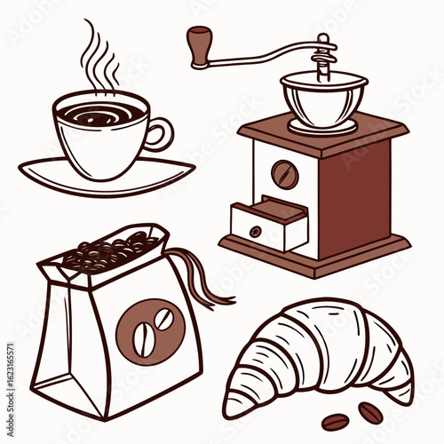 Coffee cup, croissant, bag, and grinder isolated on white background