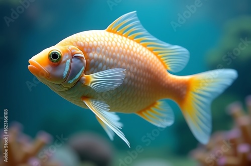 Vibrant Gold Tropical Fish with Delicate Fins and Coral Background ai generated