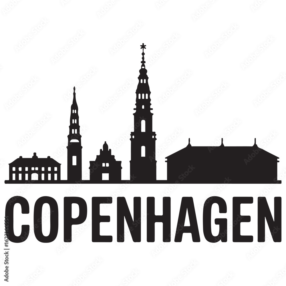 Naklejka premium Vector Copenhagen skyline. Travel Copenhagen famous landmarks. Business and tourism concept for presentation, banner, web site. Vector black silhouette. with white background