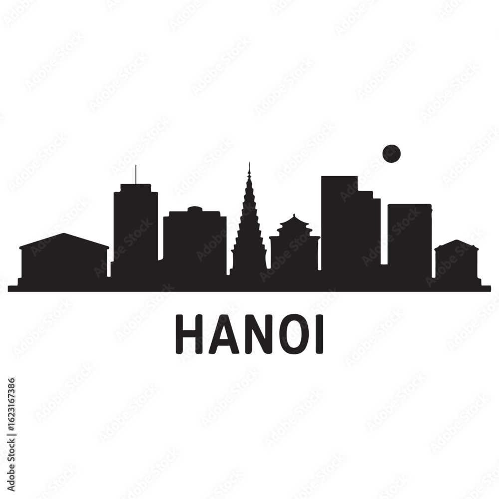 Fototapeta premium Hanoi, Vietnam city skyline. Negative space city silhouette. Vector illustration. Vector black silhouette. with white background