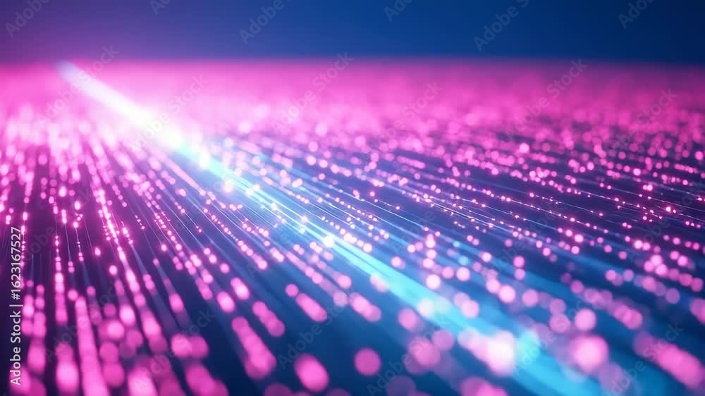 A vibrant digital landscape showcasing a futuristic scene with glowing particles and beams of light creating an immersive atmosphere that evokes a sense of motion and technology