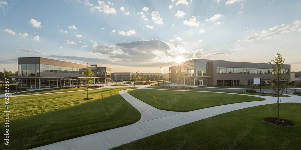Fototapeta premium suburban business park environment, wide-angle shot of green campus-style commercial buildings