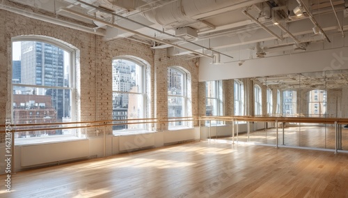 A spacious  light-filled dance studio with large windows offering city views.  Wooden floor  white walls  and exposed brick