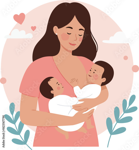 Tender moment of a happy mother breastfeeding her newborn twin infants, surrounded by an aura of love and affection.