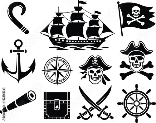 A collection of black and white pirate-themed icons and symbols, including a ship, skull, and anchor, isolated on a white background.