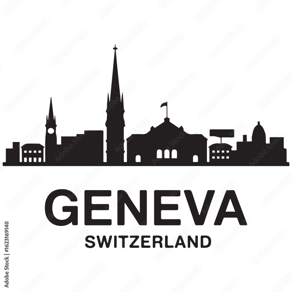 Fototapeta premium Geneva skyline horizontal banner. Geneva City, Switzerland. Vector template for your design. Vector black silhouette. with white background