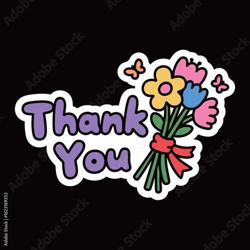 A vibrant and courteous vector sticker design of a beautiful bouquet of flowers and butterflies, accompanied by the heartfelt message "Thank You" in purple lettering.