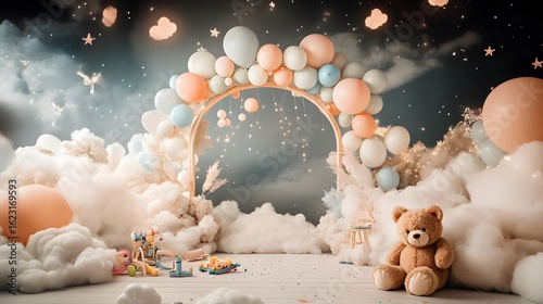 Dreamy Baby Shower Balloon Arch Setup with Clouds and Teddy Bear