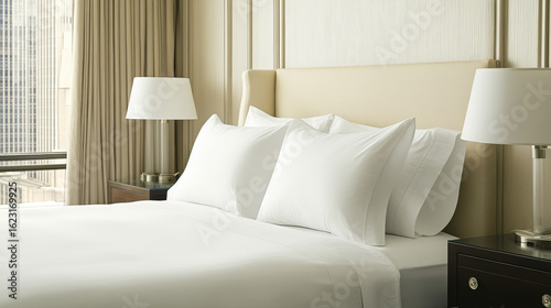 Elegant hotel bedroom featuring comfortable white bedding and soft lighting. Inviting sanctuary perfect for restful sleep and relaxation.