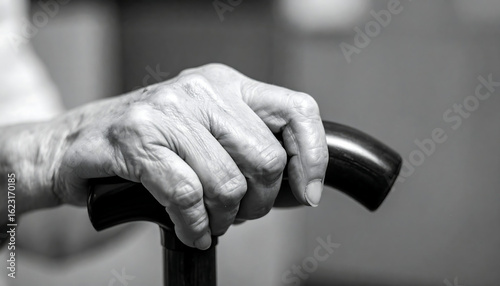 An elderly person's hand holding a cane in a black and white close-up shot