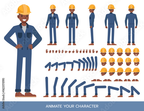 Male worker wearing blue jumpsuit working Character Constructor – Flat Design Vector Kit with Poses and Facial Expressions for Animation and Explainer Videos