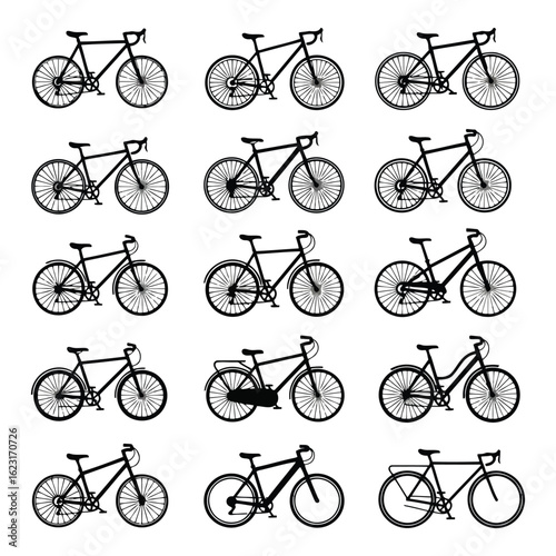Art of collection of various bicycle designs and styles isolated on white background