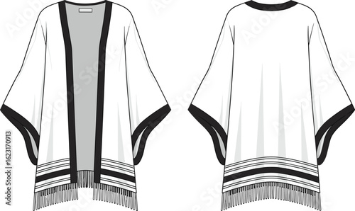 PrintStylish kimono cardigan illustration, fringe detail, fashion layering garment, trendy women's clothing design, versatile apparel sketch for sewing, wardrobe inspiration