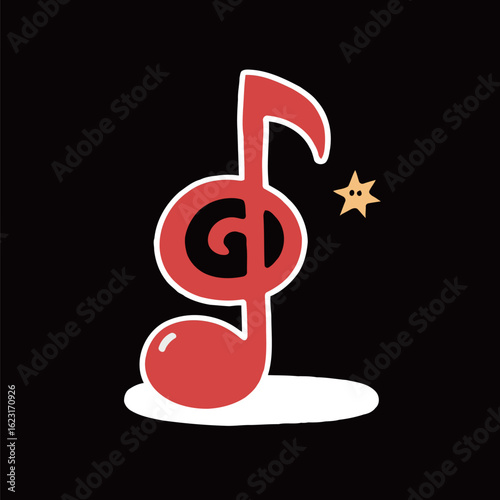 A simple yet elegant vector sticker illustration of a red musical note, a treble clef, with a little star, representing music and harmony.