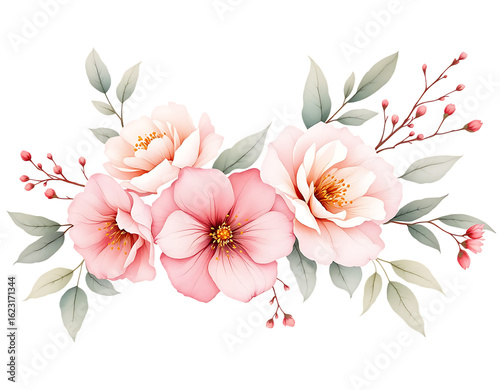 Pink Floral Bouquet with Green Leaves and Berries Isolated on transparent background