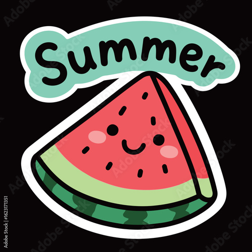 A fresh and summery vector sticker illustration with the word "Summer" and a happy, smiling slice of watermelon with a vibrant, refreshing feel.
