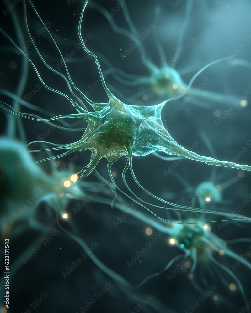 Fototapeta premium An artistic representation of a cluster of neurons, with a focus on their intricate structure and interconnectedness. The image highlights the complex network of cells and their functions