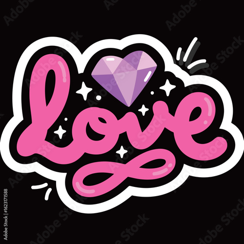 A romantic vector sticker illustration with the word "Love" in stylish pink lettering, featuring a sparkling purple diamond and small shining stars.