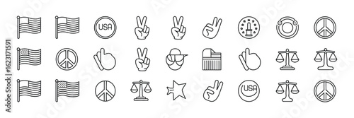 A collection of 24 minimalist black and white line art icons representing social and political themes like peace, justice, and patriotism in the USA.