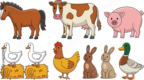 Cartoon depiction of farm animals including horse cow pig ducks chicken and rabbits