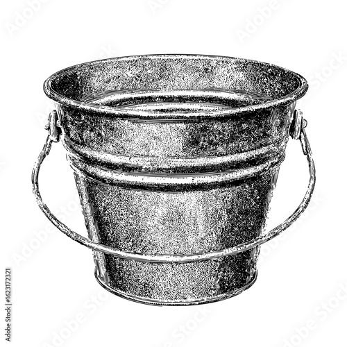 Engraved Style Metal Bucket Illustration for Water Collection and Cleaning Tasks , PNG
