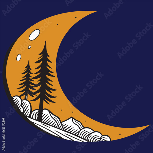 vector of simple minimalist vector silhouette of a crescent moon against a dark sky