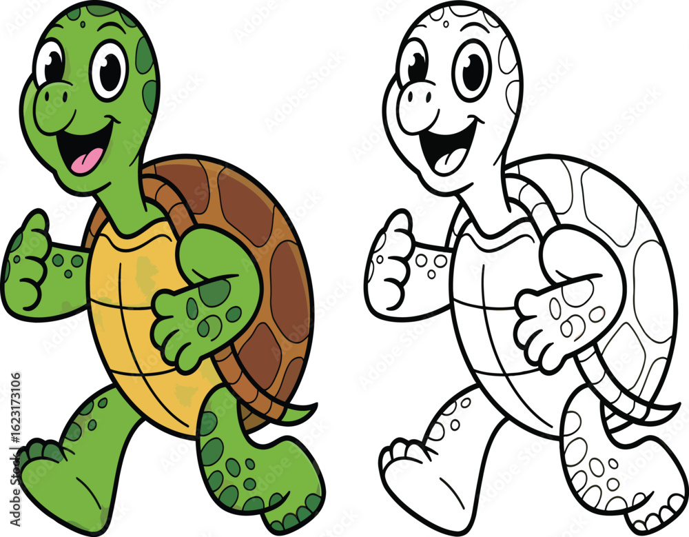 Naklejka premium Cartoon turtle walking with colored and outline versions side by side illustration