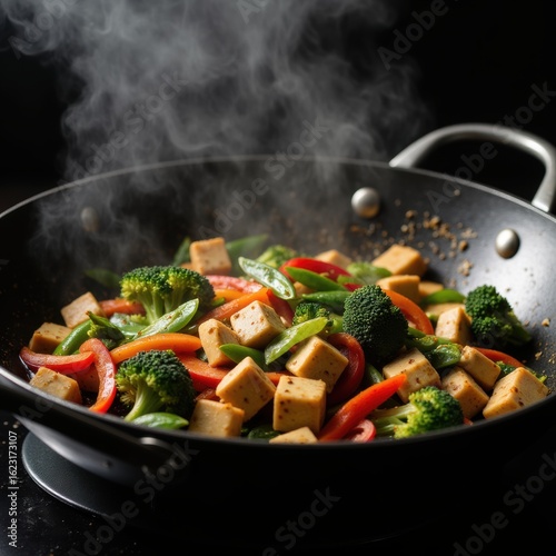 Steaming Tofu and Vegetable Stir-Fry in a Wok