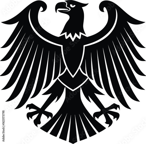 A black and white heraldic eagle with spread wings.