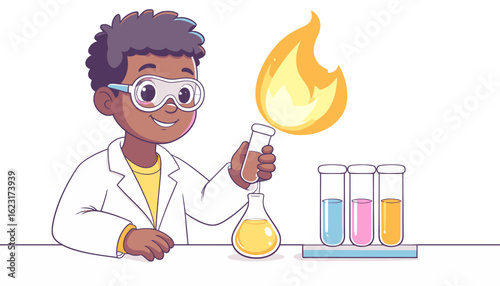 Young scientist experimenting in lab with colorful liquids and flame, educational concept