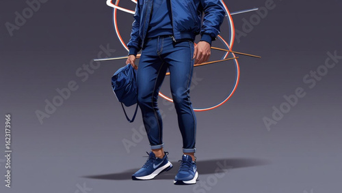 Man in Blue Denim Outfit with Sneakers and Bag