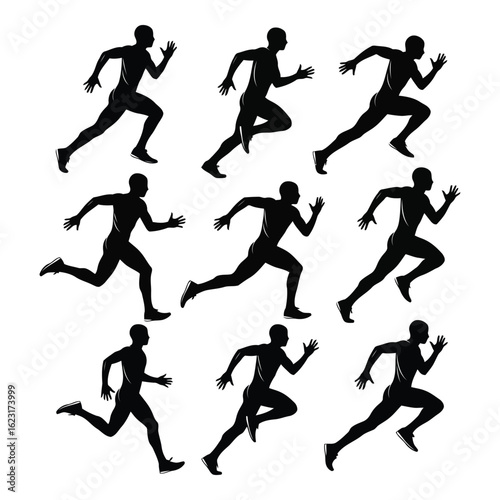 Wallpaper Mural Art of collection of nine dynamic running silhouettes in various stages of motion, isolated on white background Torontodigital.ca