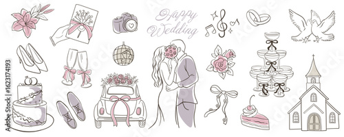 Elegant hand-drawn doodle wedding vector set featuring bride and groom, cake, rings, doves, flowers, car, champagne, church, and romantic elements. Perfect for invitations and decor