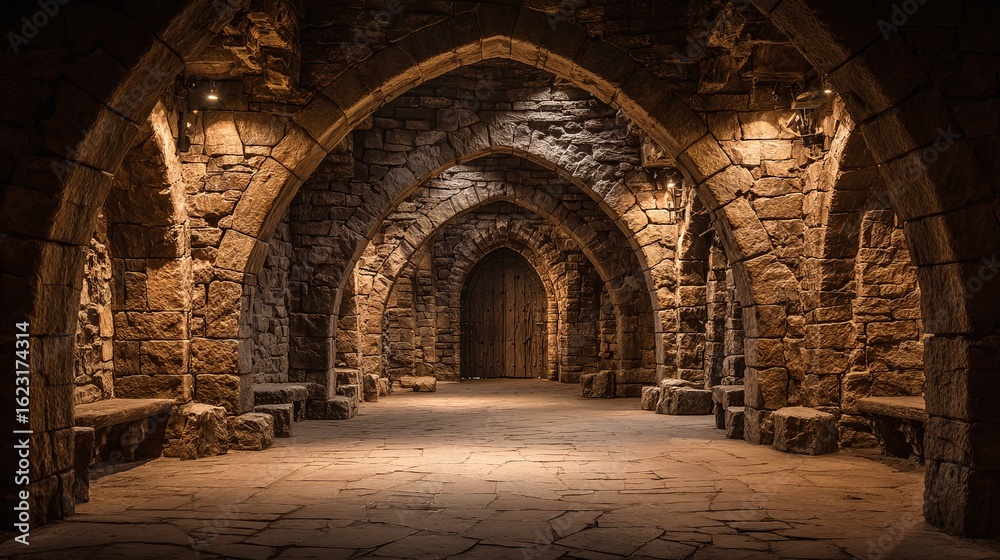 Fototapeta premium Stone Arches: A dimly lit, stone-built hallway with symmetrical arches leading into the depths, creating a mysterious, old-world atmosphere.