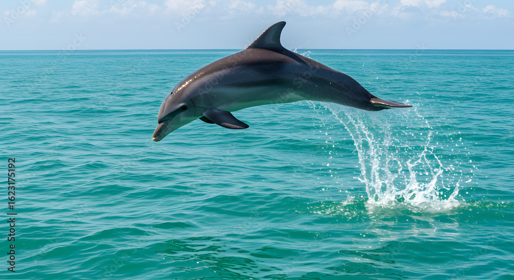 Fototapeta premium Dolphin leaping joyfully out of the crystal clear turquoise ocean water during the daytime