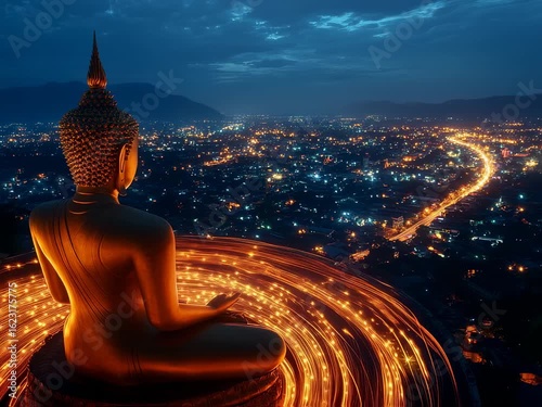 Majestic Buddha Statue Overlooking a Sparkling Cityscape at Night Creating a Serene Ambience