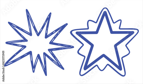 Blue star doodle elements set with botanical scrapbook theme for creative digital designs