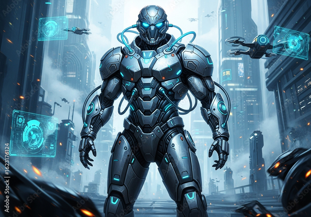 Fototapeta premium Futuristic humanoid robot warrior with glowing blue eyes in a city