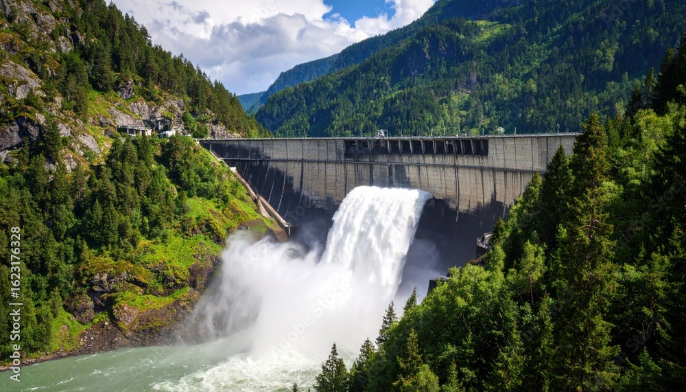 Fototapeta premium Mountain dam with powerful waterfall (1)