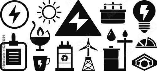 A collection of icons symbolizing various energy sources like electricity, solar, wind, and others. It is perfect for illustrating concepts related to renewable energy and the environment.