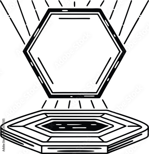 An outline for a futuristic or scientific theme. It features a hexagonal object floating above a platform, symbolizing advanced technology and innovation.