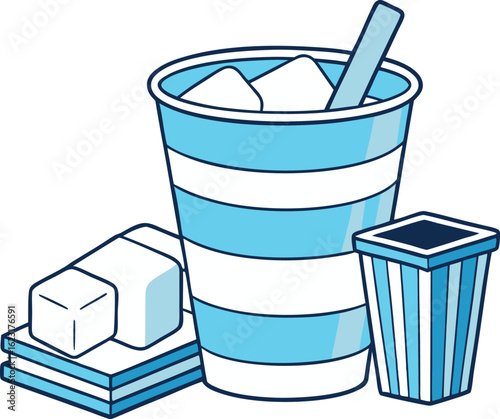 A cold drink in a blue striped cup with ice, surrounded by other office or school supplies. It symbolizes refreshment, summertime, and taking a break from work.