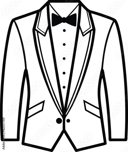 A clean line art outline of a men's tuxedo jacket with a bow tie. This illustration is perfect for representing formal events, weddings, sophisticated style, and classic menswear.